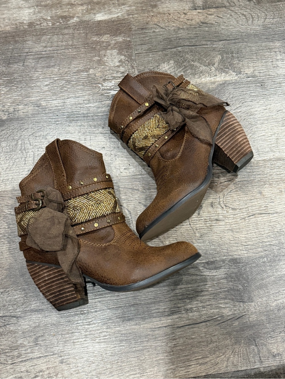 Not Rated Brown Ankle Boots with Woven Wrap and Stud Details